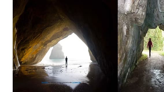 photo divided into two photos of people standing in the entry to a cave